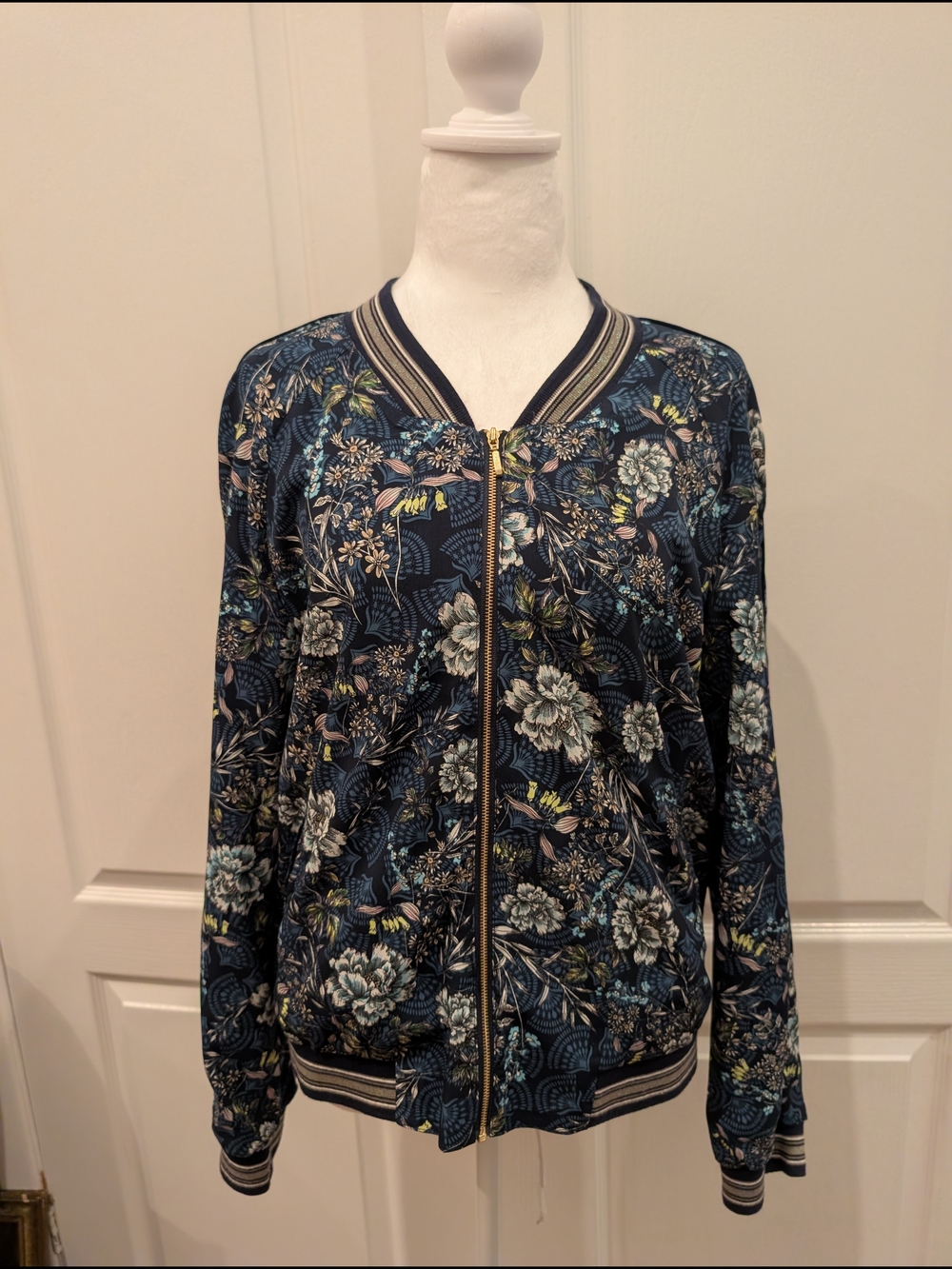 Promod Navy Floral Bomber Jacket with Zip